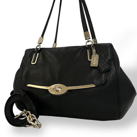 COACH Shoulder Bag Purse 2way Turn Lock Leather Black Authentic