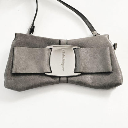 Salvatore Ferragamo Shoulder Bag Purse Accessory Pouch Vara Ribbon Gray Auth