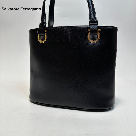 Salvatore Ferragamo Hand Bag Tote Purse Gancini Leather Authentic Black