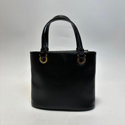 Salvatore Ferragamo Hand Bag Tote Purse Gancini Leather Authentic Black