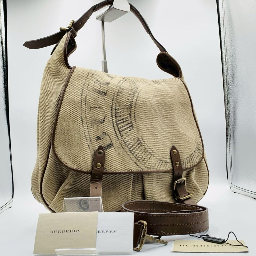 BURBERRY Shoulder Bag Purse 2way Canvas Leather Brown Beige Authentic