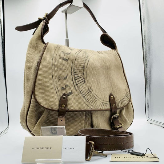 BURBERRY Shoulder Bag Purse 2way Canvas Leather Brown Beige Authentic
