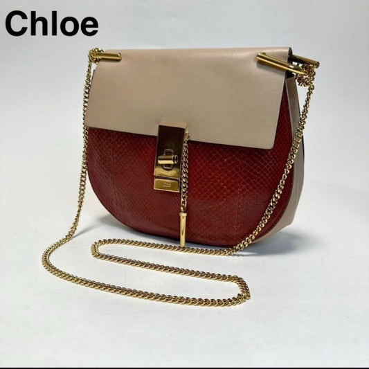 Chloe Shoulder Bag Purse Drew Chain Leather Red Beige Authentic