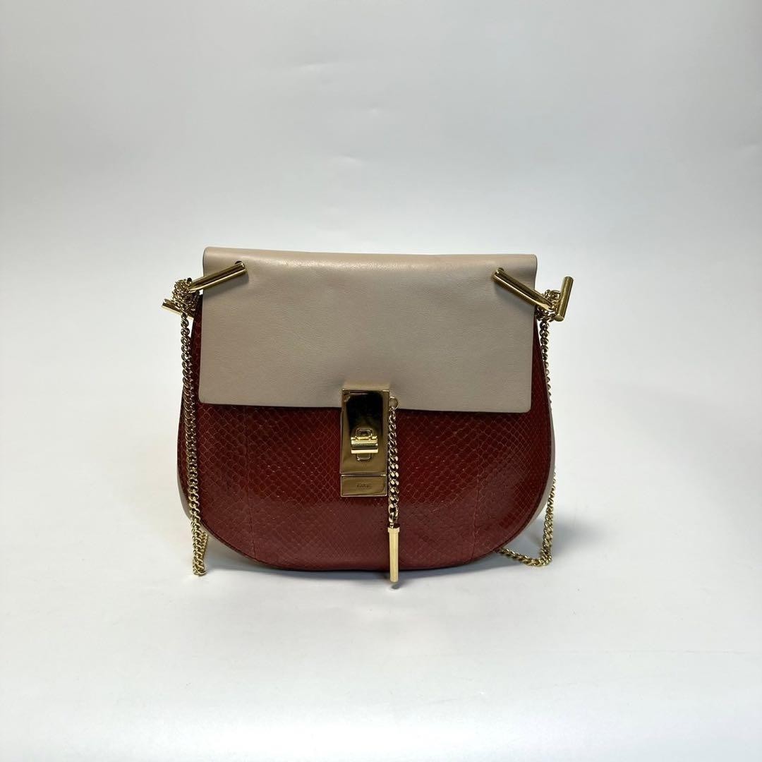 Chloe Shoulder Bag Purse Drew Chain Leather Red Beige Authentic