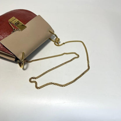 Chloe Shoulder Bag Purse Drew Chain Leather Red Beige Authentic