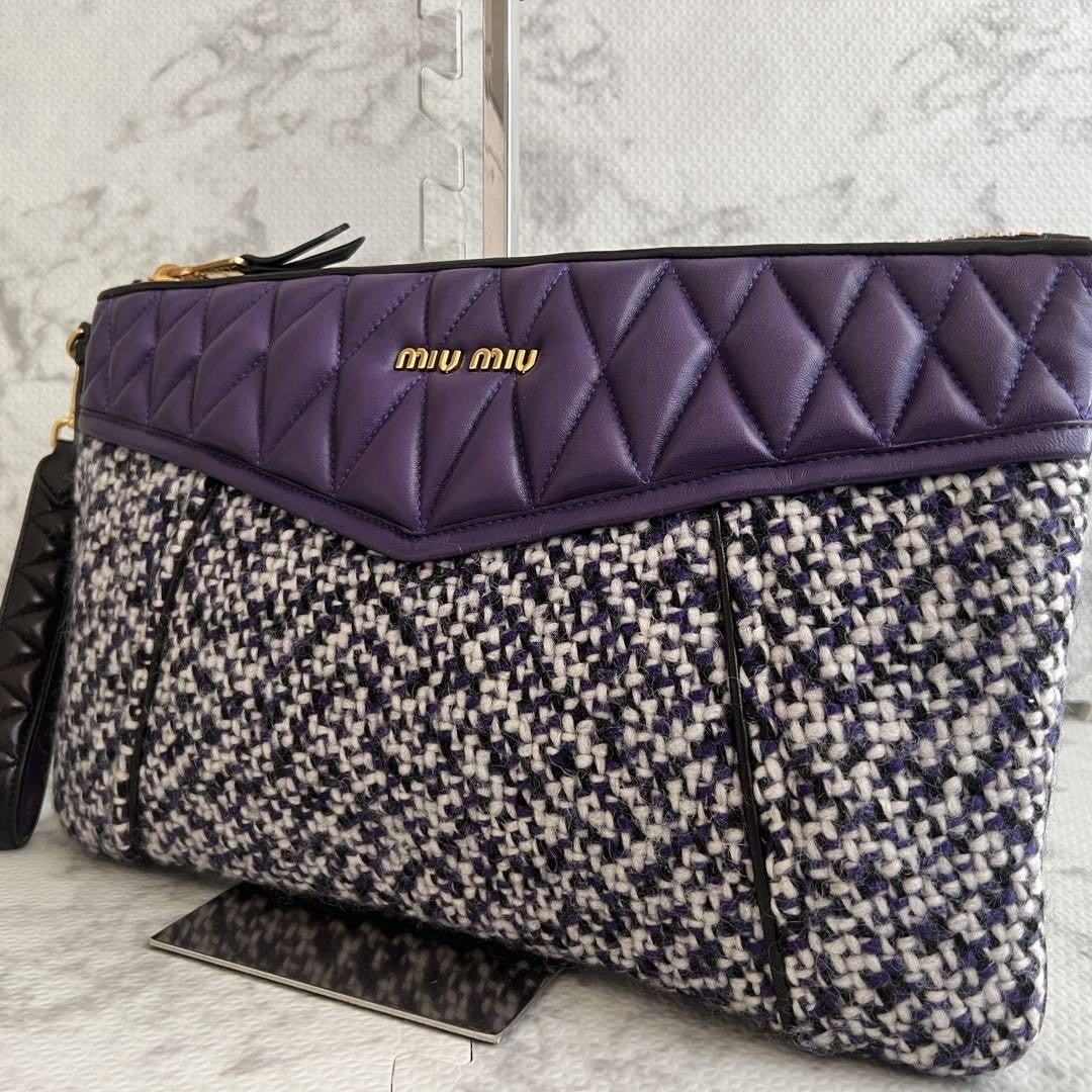 MIU MIU Clutch Bag Second Bag Logo Leather Tweed Purple Authentic