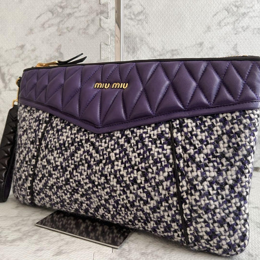 MIU MIU Clutch Bag Second Bag Logo Leather Tweed Purple Authentic