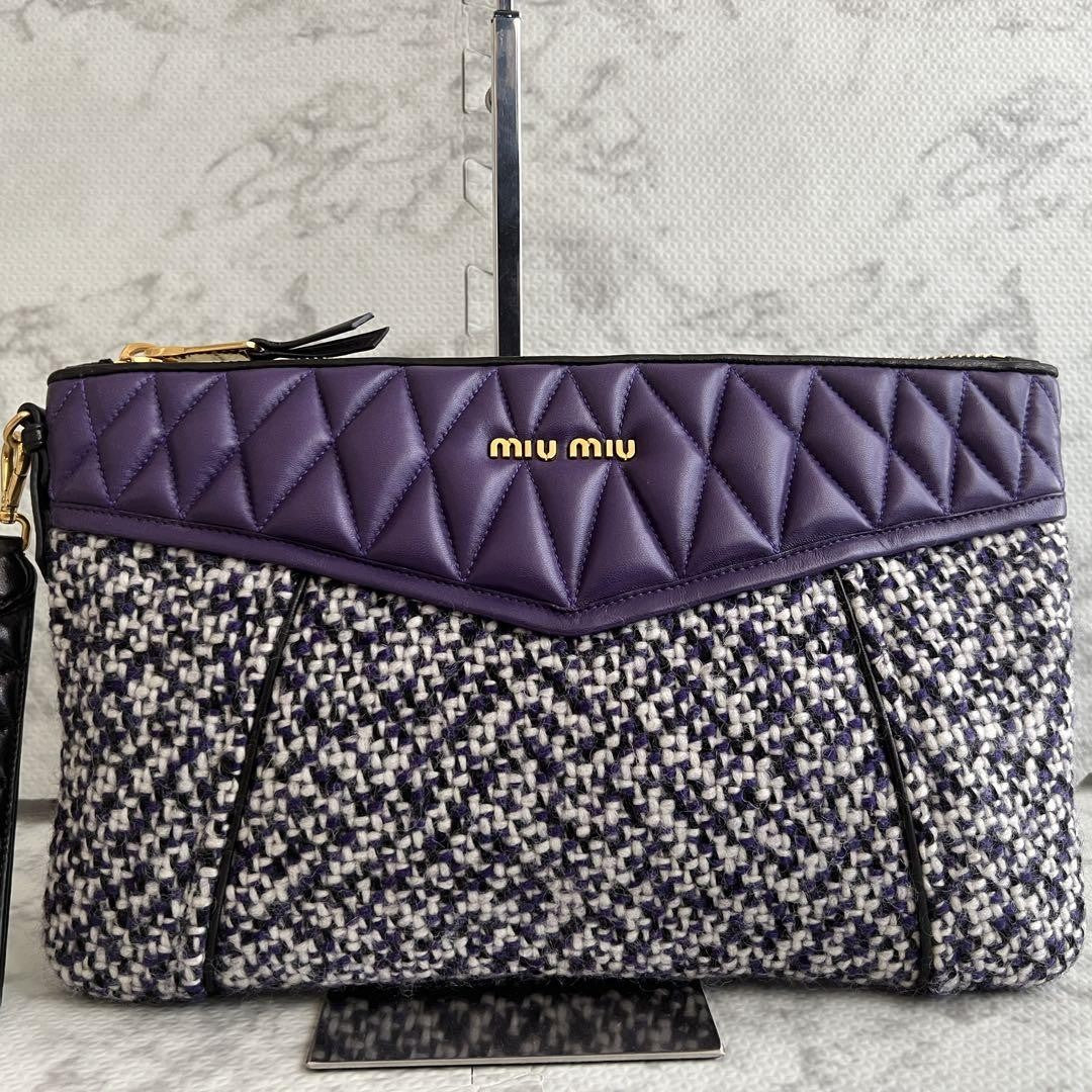 MIU MIU Clutch Bag Second Bag Logo Leather Tweed Purple Authentic