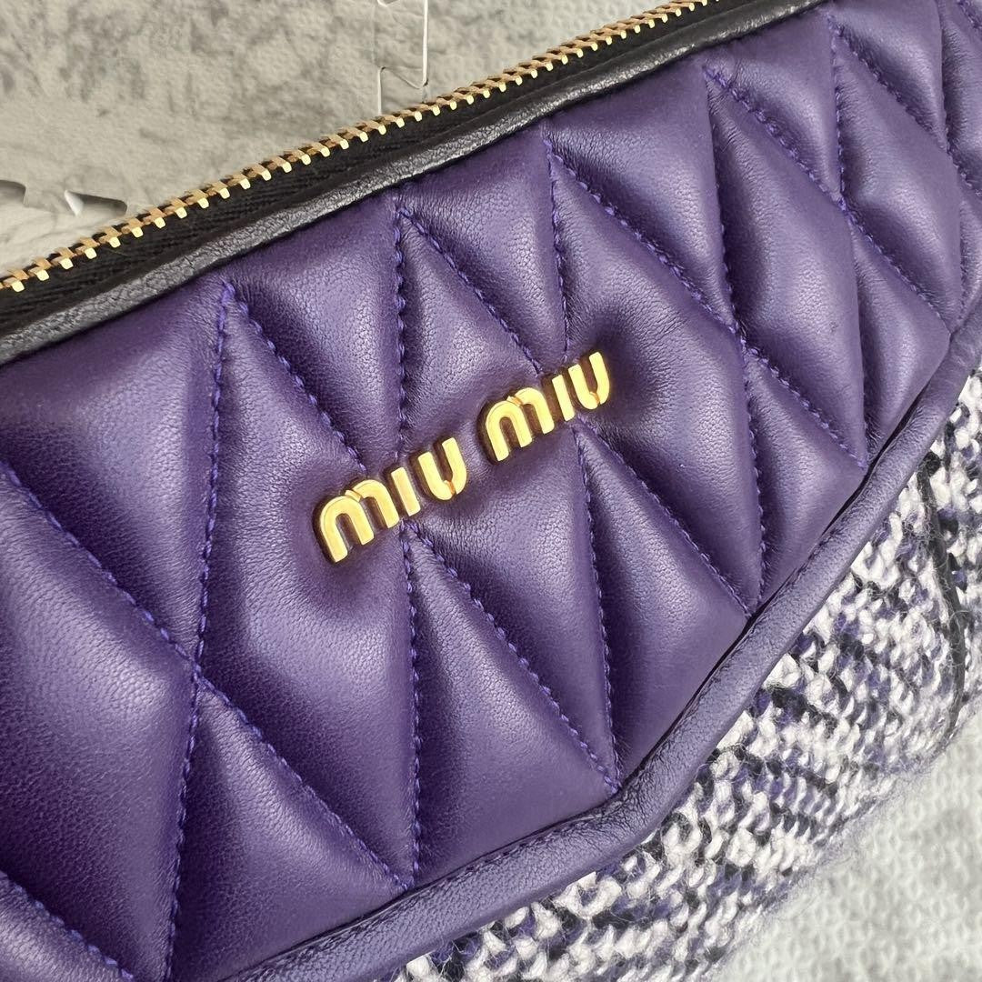 MIU MIU Clutch Bag Second Bag Logo Leather Tweed Purple Authentic