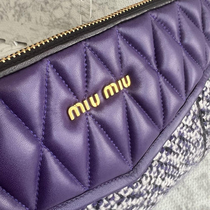 MIU MIU Clutch Bag Second Bag Logo Leather Tweed Purple Authentic