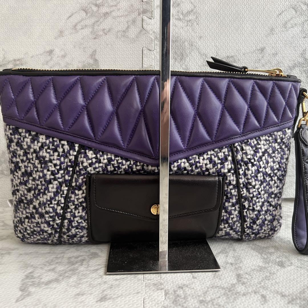 MIU MIU Clutch Bag Second Bag Logo Leather Tweed Purple Authentic