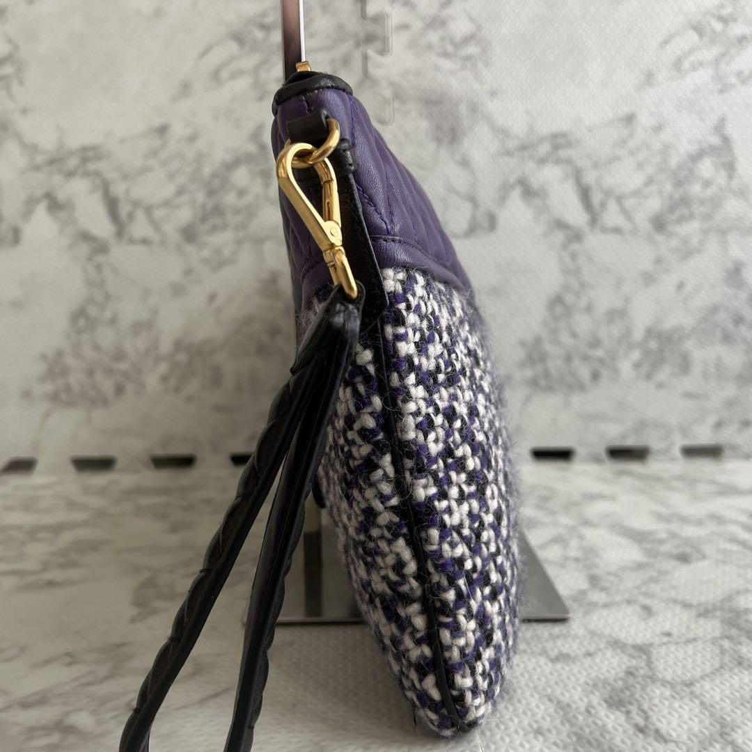 MIU MIU Clutch Bag Second Bag Logo Leather Tweed Purple Authentic