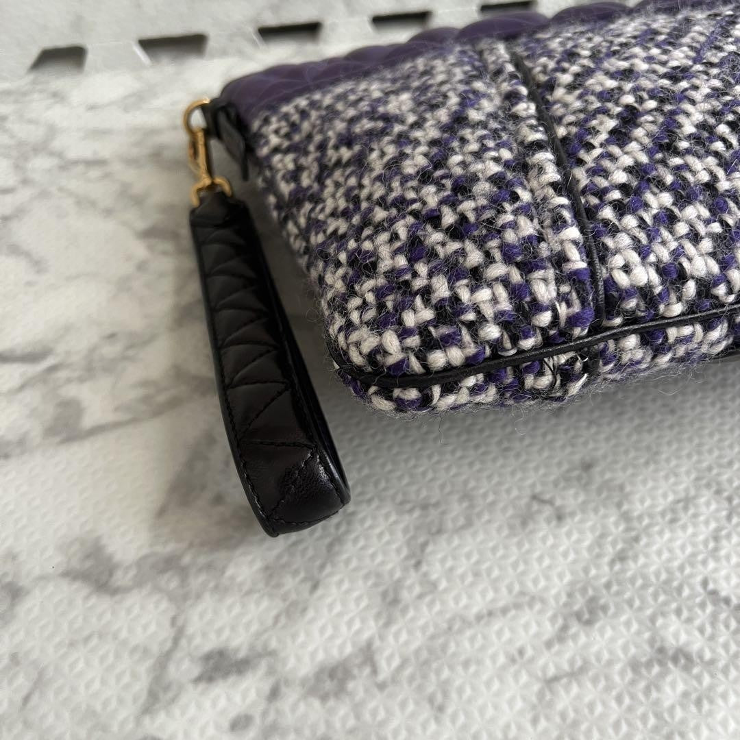 MIU MIU Clutch Bag Second Bag Logo Leather Tweed Purple Authentic