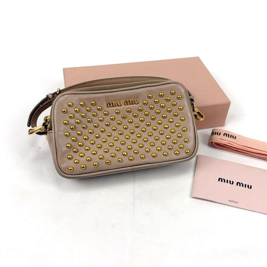 MIU MIU Accessory Pouch Hand Pouch Logo Leather Beige Pink Authentic