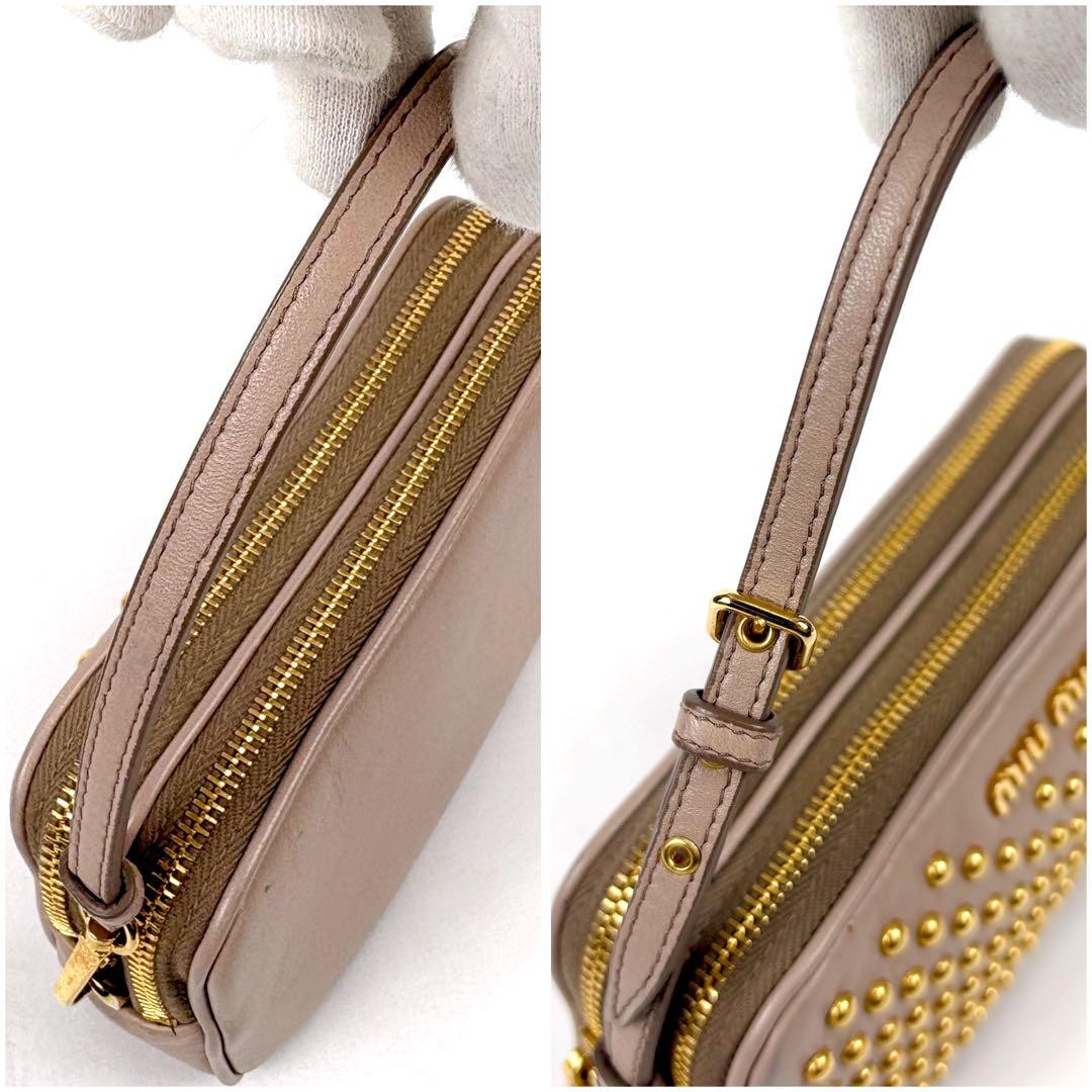 MIU MIU Accessory Pouch Hand Pouch Logo Leather Beige Pink Authentic