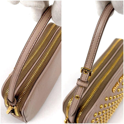 MIU MIU Accessory Pouch Hand Pouch Logo Leather Beige Pink Authentic