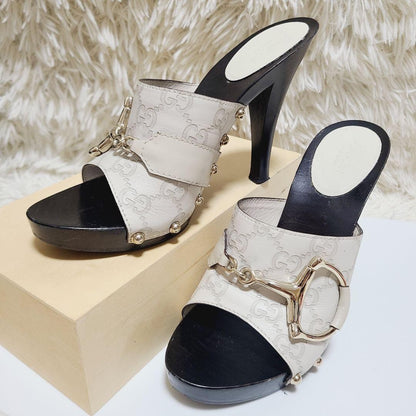 GUCCI Sandals Shoes Horse bit EU 36.5 US 6.5 Leather Wood Ivory Authentic