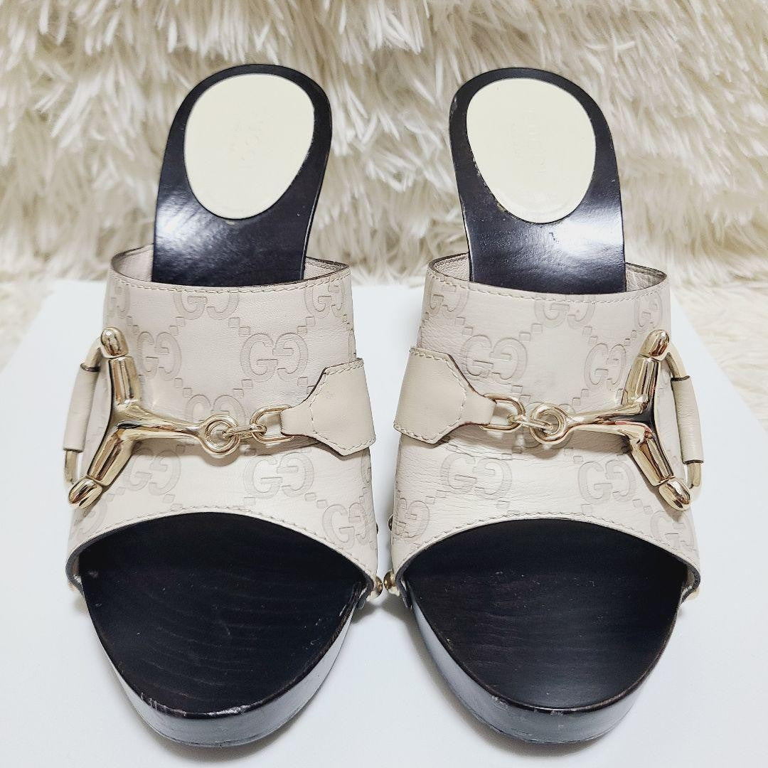 GUCCI Sandals Shoes Horse bit EU 36.5 US 6.5 Leather Wood Ivory Authentic