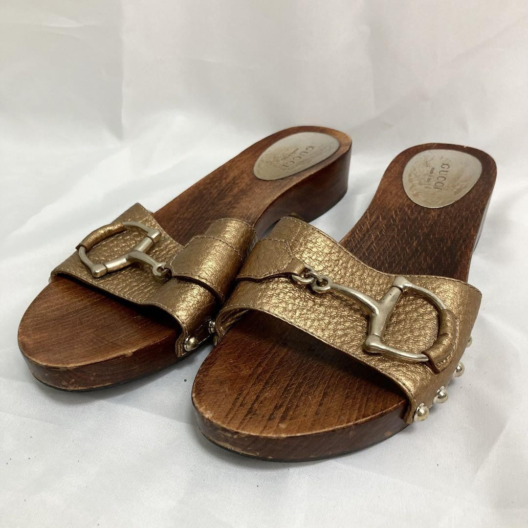 GUCCI Sandals Shoes Horse bit EU 37.0 US 7.0 Brown Gold Authentic