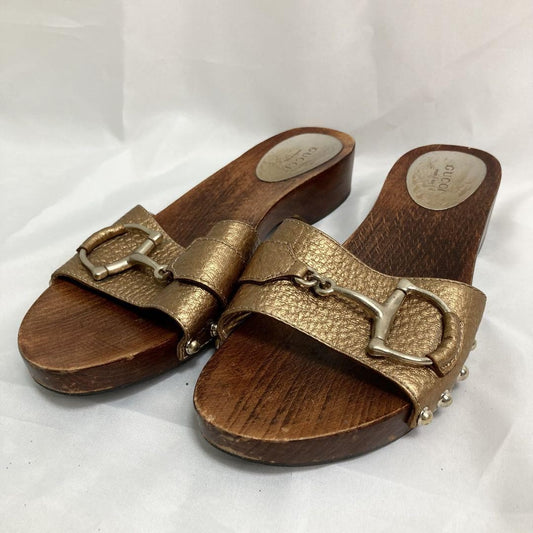 GUCCI Sandals Shoes Horse bit EU 37.0 US 7.0 Brown Gold Authentic