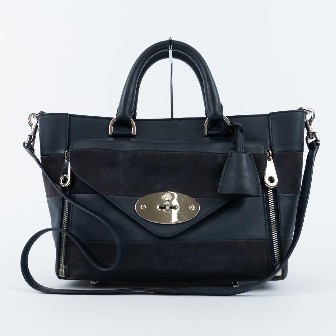 MULBERRY Hand Shoulder Bag Tote Purse 2way Leather Suede Navy Authentic