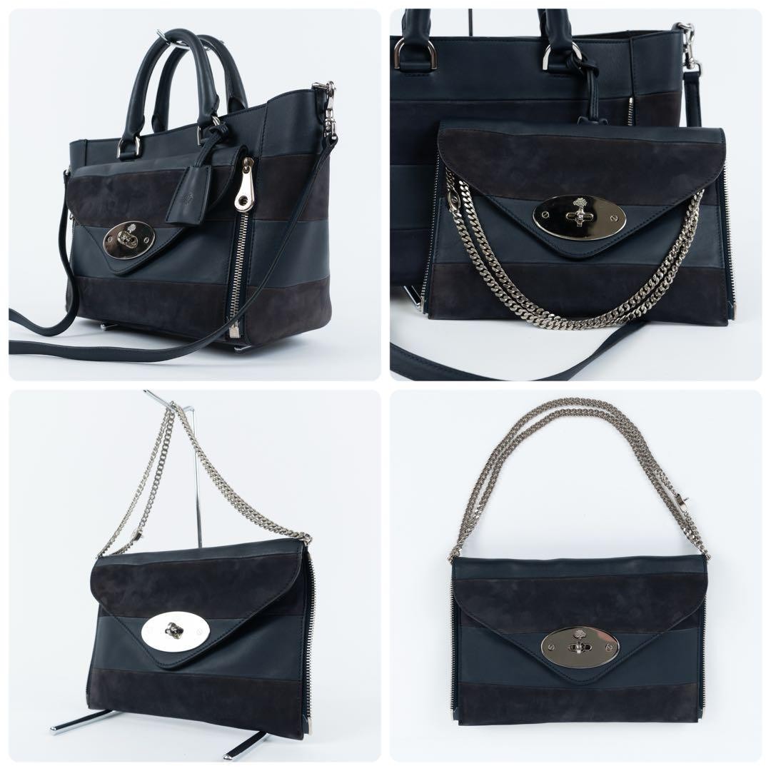 MULBERRY Hand Shoulder Bag Tote Purse 2way Leather Suede Navy Authentic