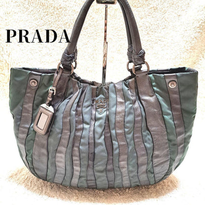 PRADA Hand Bag Tote Purse Nylon Leather Stripe Khaki Authentic