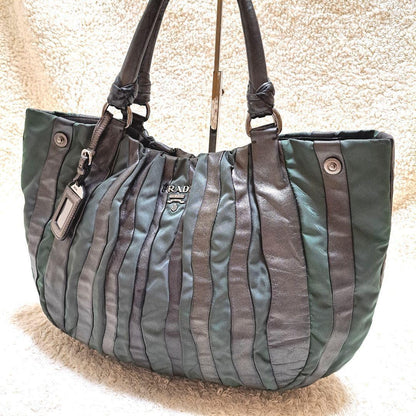 PRADA Hand Bag Tote Purse Nylon Leather Stripe Khaki Authentic