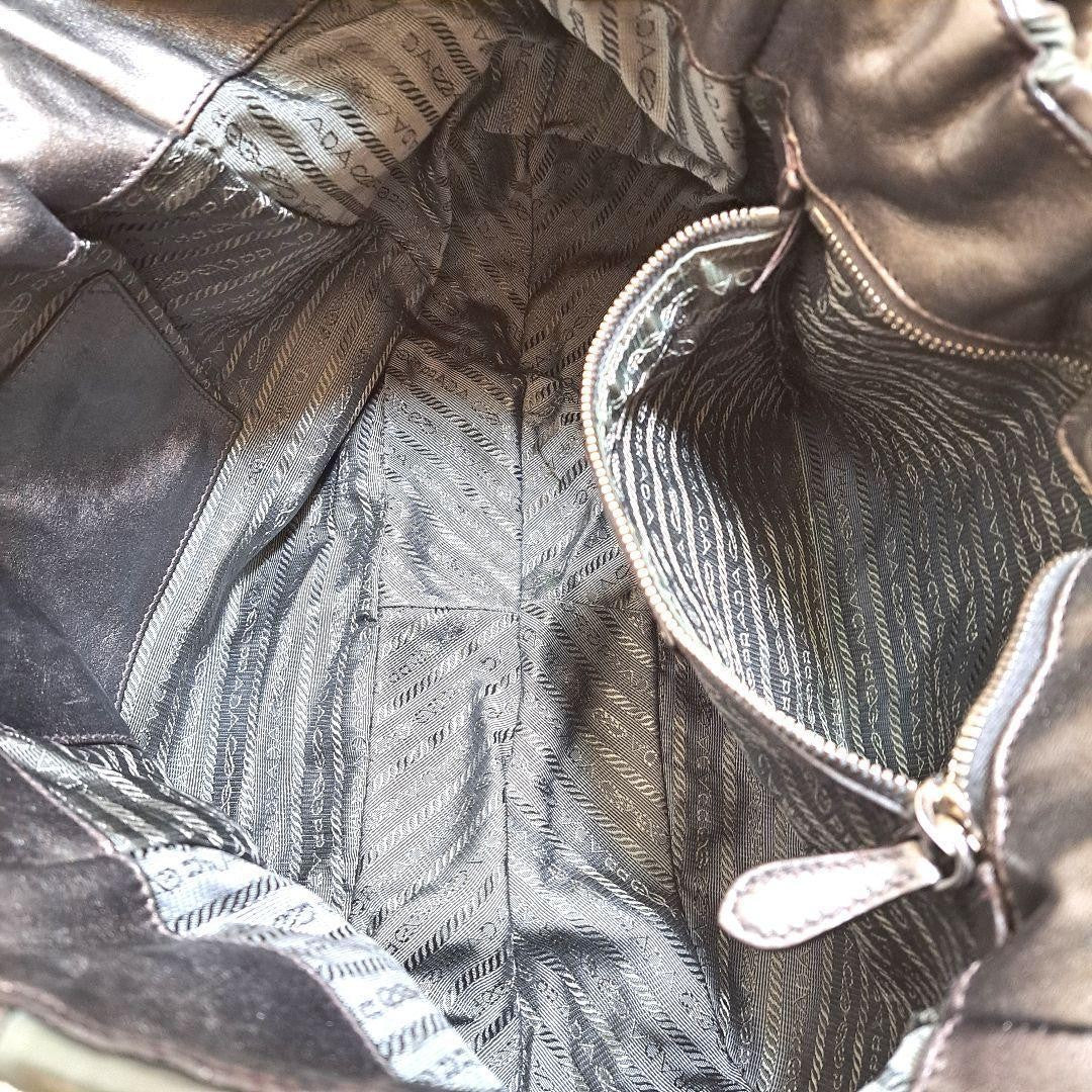 PRADA Hand Bag Tote Purse Nylon Leather Stripe Khaki Authentic