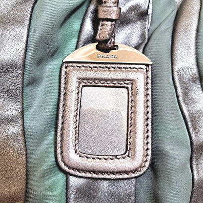 PRADA Hand Bag Tote Purse Nylon Leather Stripe Khaki Authentic