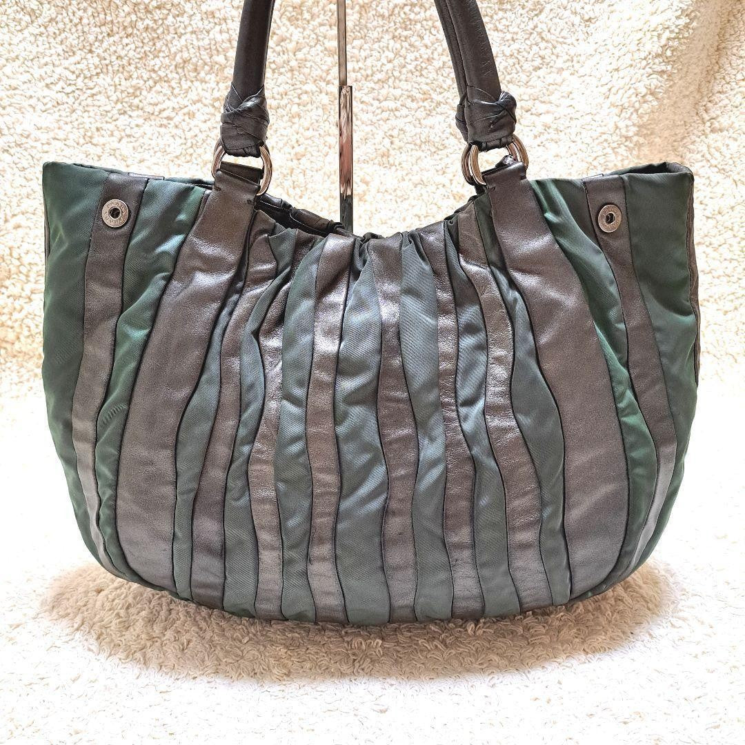PRADA Hand Bag Tote Purse Nylon Leather Stripe Khaki Authentic