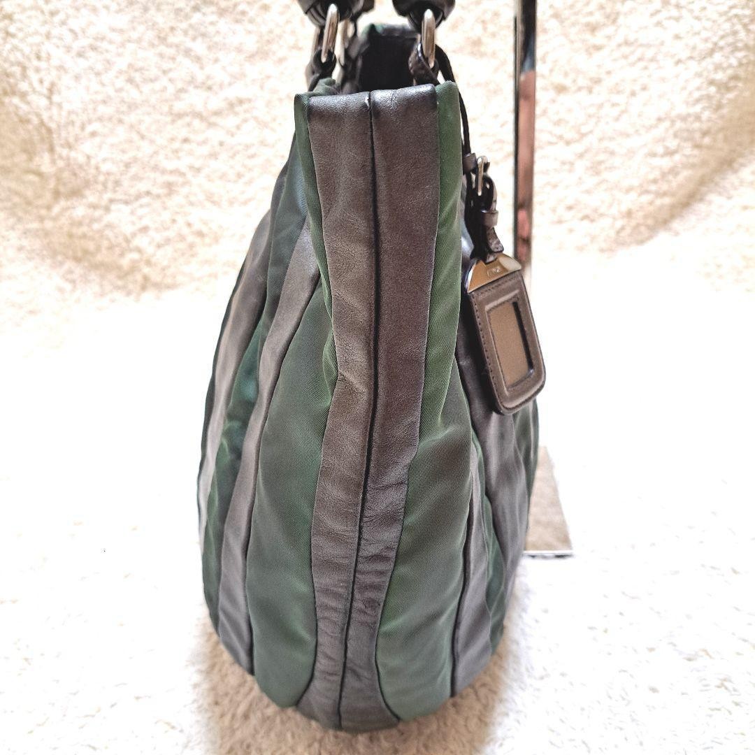 PRADA Hand Bag Tote Purse Nylon Leather Stripe Khaki Authentic