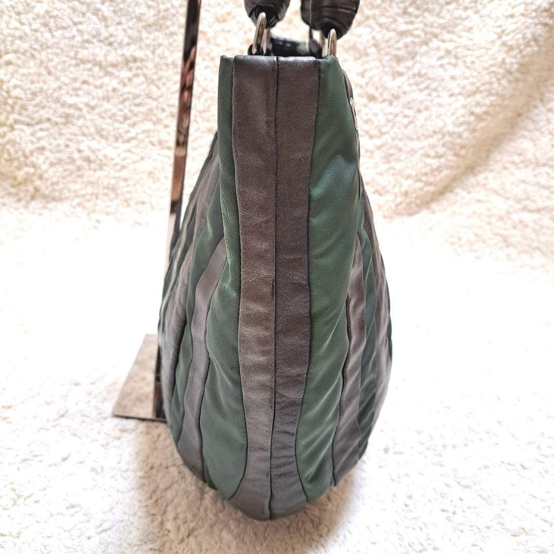PRADA Hand Bag Tote Purse Nylon Leather Stripe Khaki Authentic
