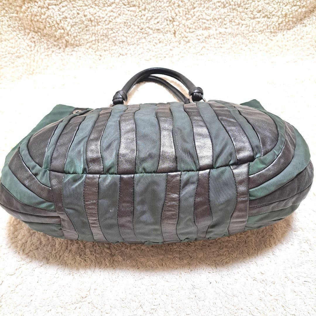 PRADA Hand Bag Tote Purse Nylon Leather Stripe Khaki Authentic