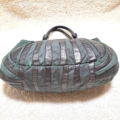 PRADA Hand Bag Tote Purse Nylon Leather Stripe Khaki Authentic