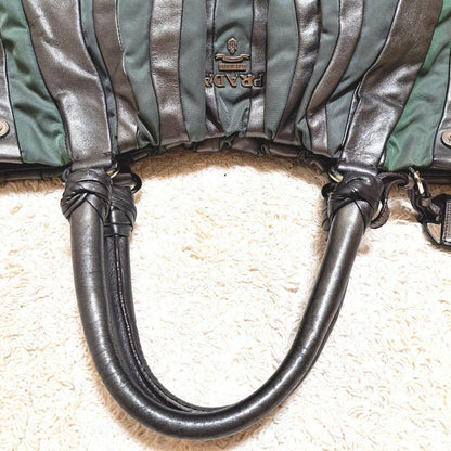 PRADA Hand Bag Tote Purse Nylon Leather Stripe Khaki Authentic
