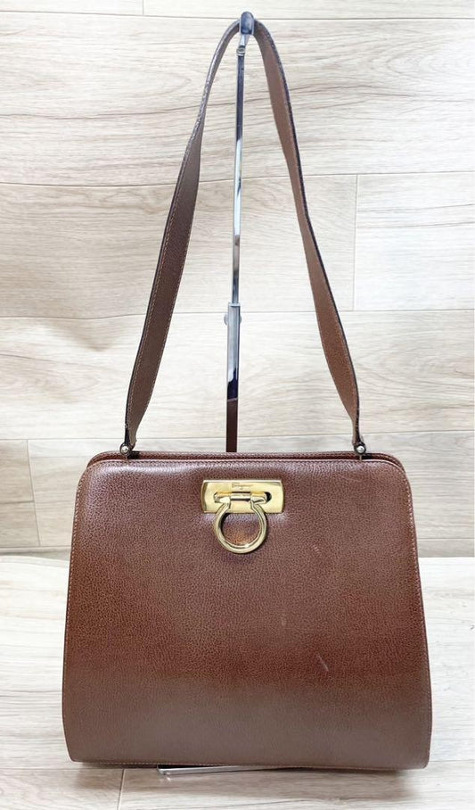 Salvatore Ferragamo Gancini handbag Purse Brown Leather Authentic Women's Used