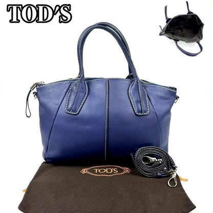 TOD'S Hand Bag Tote Purse 2way Leather Blue Authentic