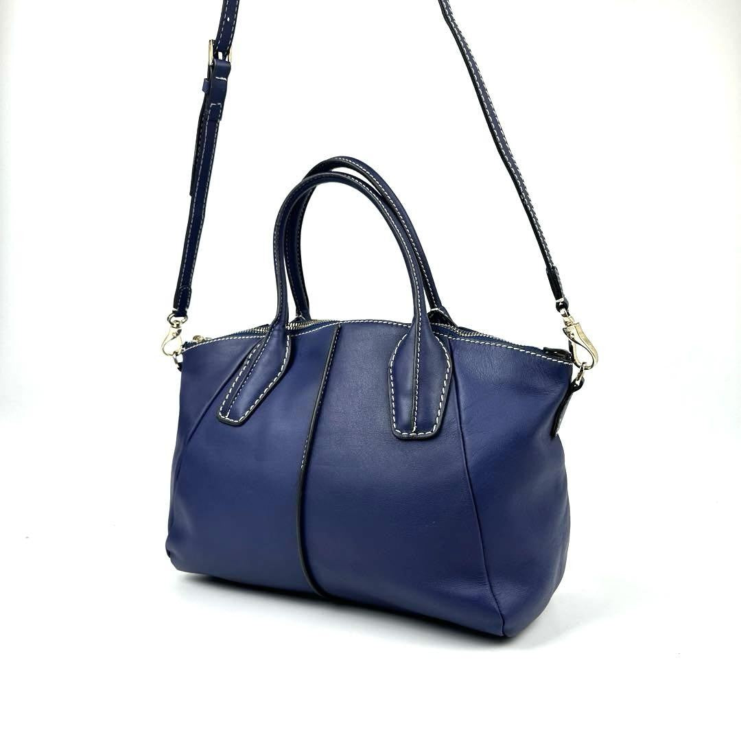 TOD'S Hand Bag Tote Purse 2way Leather Blue Authentic