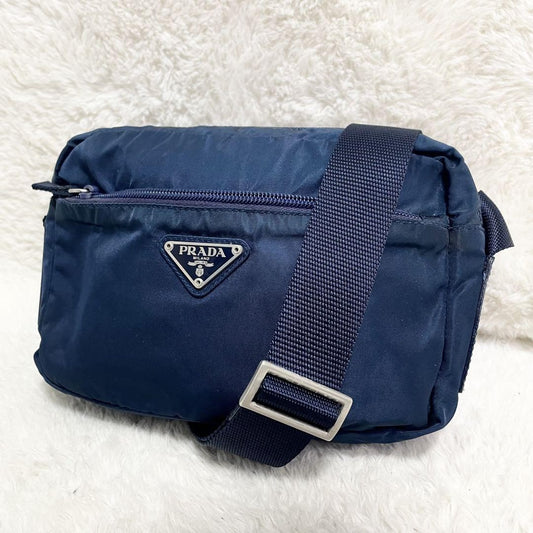 PRADA Shoulder Camera Bag Purse Logo Nylon Leather Blue Navy Authentic