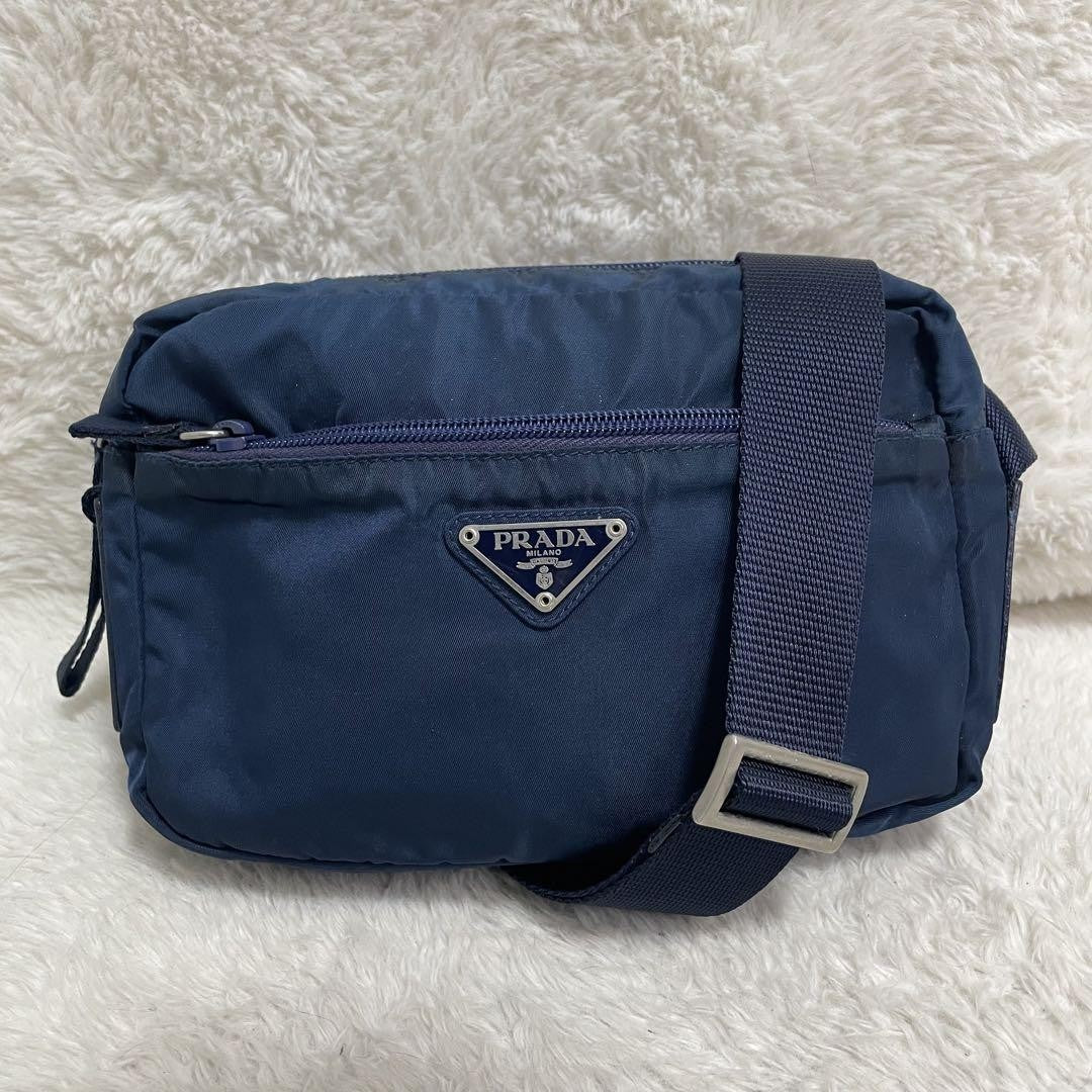 PRADA Shoulder Camera Bag Purse Logo Nylon Leather Blue Navy Authentic