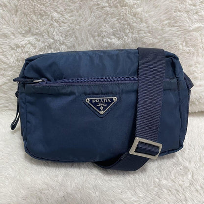 PRADA Shoulder Camera Bag Purse Logo Nylon Leather Blue Navy Authentic