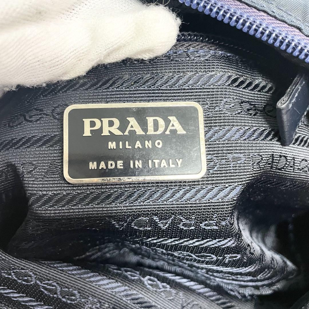 PRADA Shoulder Camera Bag Purse Logo Nylon Leather Blue Navy Authentic