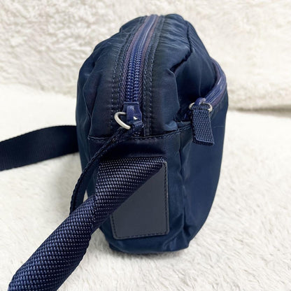 PRADA Shoulder Camera Bag Purse Logo Nylon Leather Blue Navy Authentic