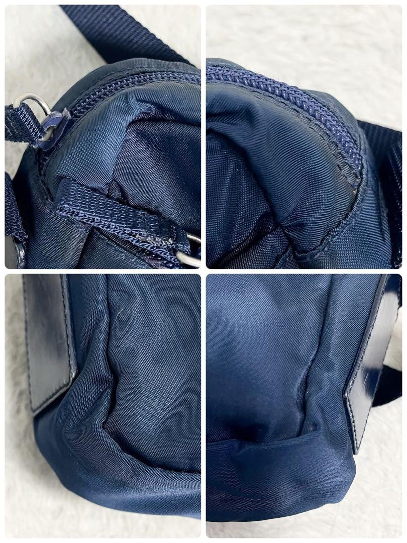 PRADA Shoulder Camera Bag Purse Logo Nylon Leather Blue Navy Authentic