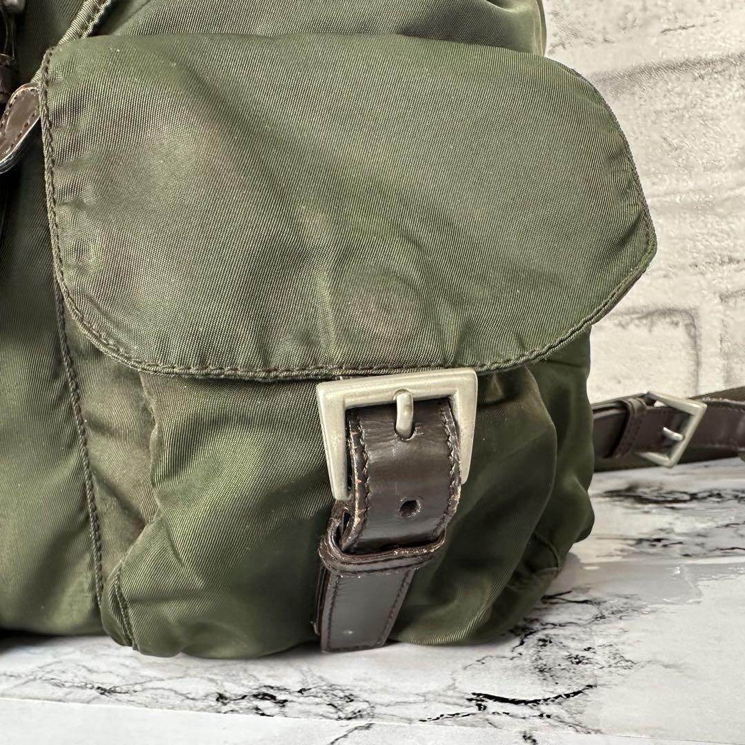 PRADA backpack Purse Logo Khaki Nylon Leather Used Women's Men's Authentic
