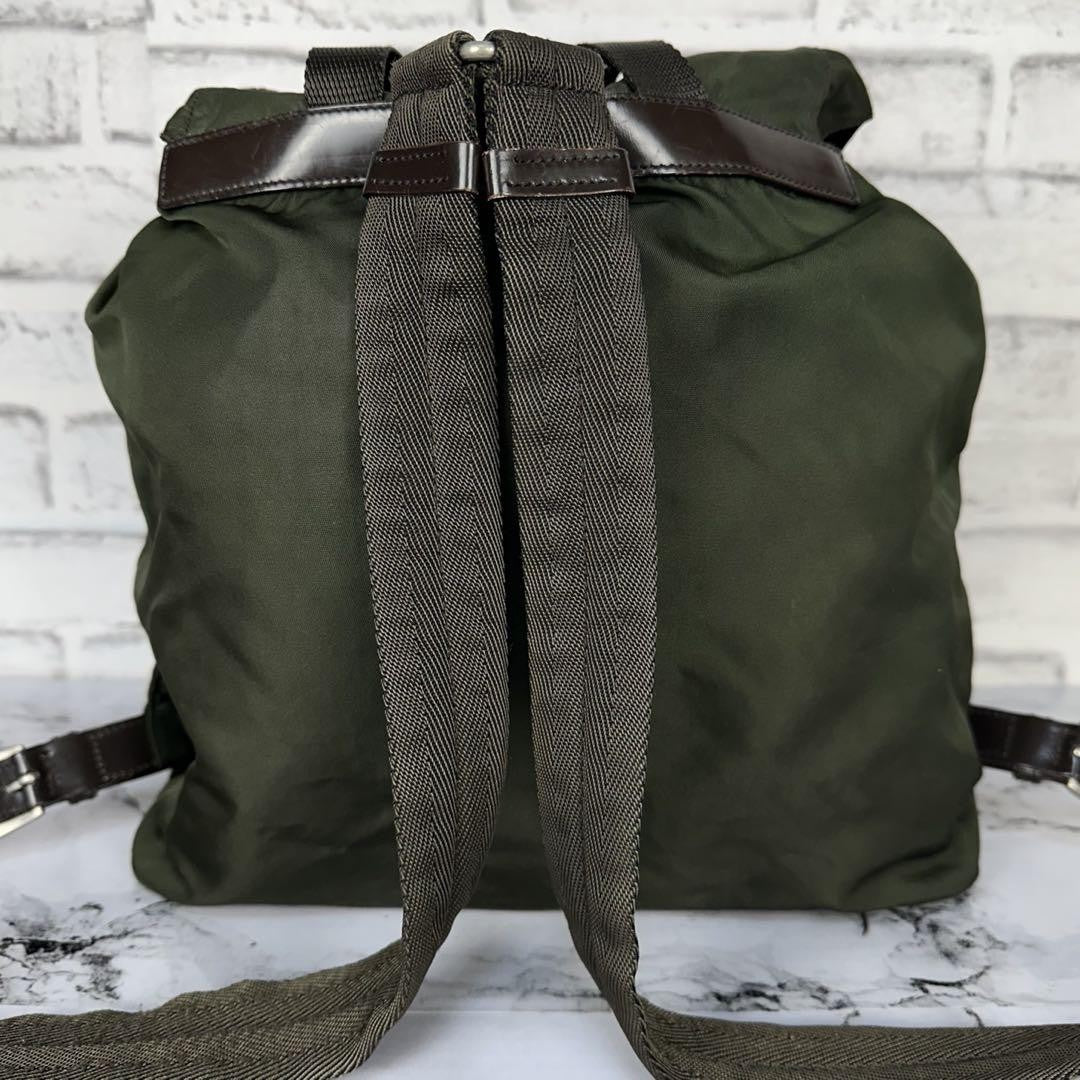 PRADA backpack Purse Logo Khaki Nylon Leather Used Women's Men's Authentic