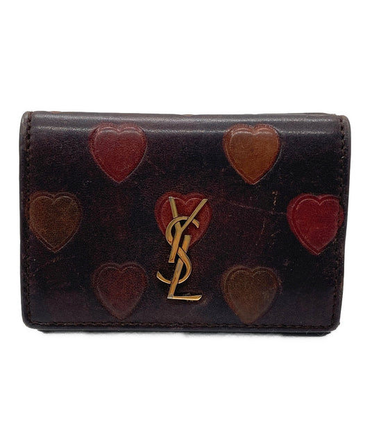 Saint Laurent Paris Tri-fold Wallet Compact Purse YSL Cassandra Heart Brown Auth