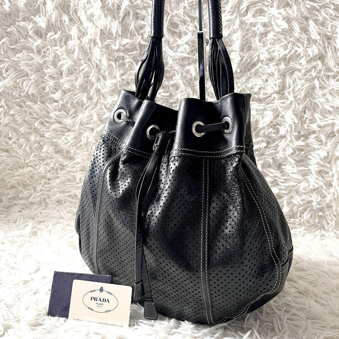 PRADA Shoulder Bag Purse Perforated Leather Black Authentic