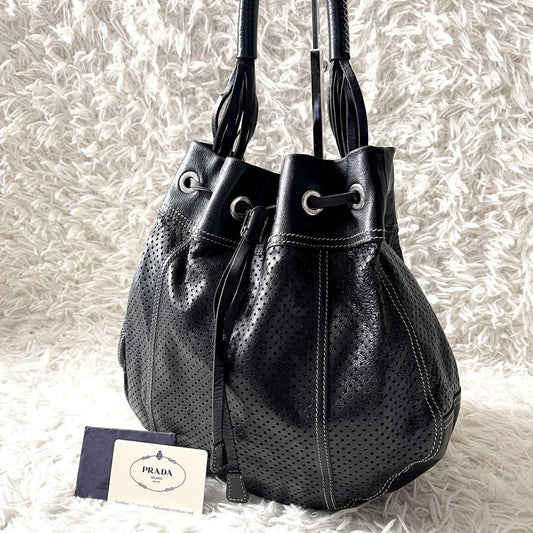 PRADA Shoulder Bag Purse Perforated Leather Black Authentic